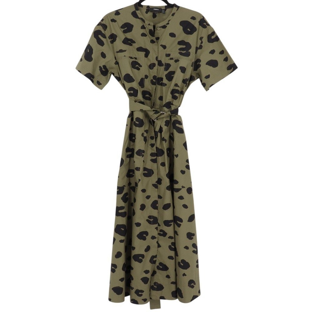 Theory Womens Leopard Print Belted Poplin Utility Shirt Dress Size 6 Green Black